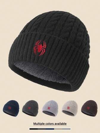 1 pieza Gorro de punto de invierno unisex con bordado de araña roja, gorro cálido, suave y cómodo a prueba de viento, accesorio versátil y de moda para la escuela, el uso diario, el trabajo, el senderismo, las vacaciones, un elemento esencial para el clima frío