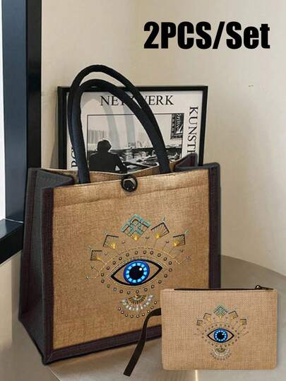 Printed With Evil Eyes Printed Tote Bag And Cosmetic Bags Set, Includes A Tote Bag And A Coin Purse,Lightweight Large Capacity Tote Bag, Reusable Burlap Shopping Bag, Portable Travel Beach Bag With Makeup Bag, Large Capacity Linen Shopping Bag,Skin Care Product Storage Bags,Makeup Bag, Beauty Products Storage, Charger Storage Bag, Nail Polish Storage Bag,With Suitable For Outdoor Picnics, Parties, Travel ,Shopping, Gifts For Family And Friends