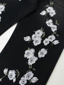 Y2K Hip Hop Rock Style Jeans, Cherry Blossom Embroidered Jeans, Street Vintage Loose Wide Leg Jeans, Retro Denim Pants - Black - View 3