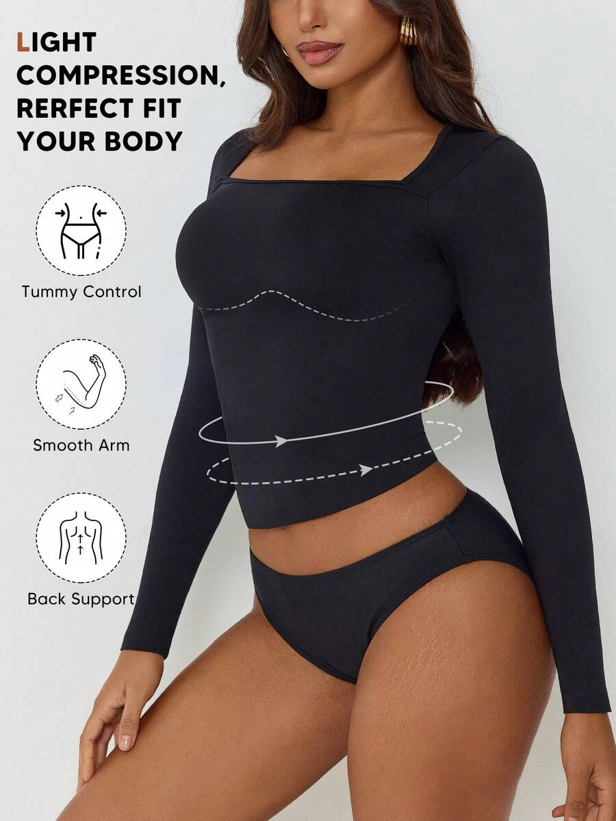 Tricou simplu pentru femei, cu mânecă lungă, guler pătrat, strâmt, pentru ieșiri în oraș - Negru - Vizualizare 1