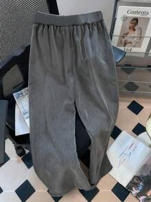 1pc Girls & Teens Casual Outdoor Sports Loose Corduroy Thick Wide Leg Pants, Versatile, Spring Autumn Winter - Dark Grey - View 4