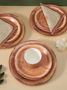 1 Set Wooden Log Disposable Plates, Napkins, Cups - Party Supplies For 25 Guests, Disposable Paper Plates Suitable For Birthday, Wedding, Party, Family Picnic - Multicolor - View 4