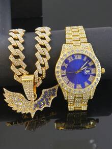 Conjunto de collar con colgante de alas de murciélago con diamantes y reloj de esfera azul con diamantes completos, joyería con cadena cubana con brillo para raperos y ropa urbana - Azul - Ver 17