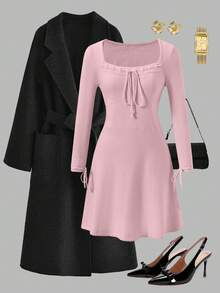 Đầm dệt kim cổ vuông màu trơn kiểu vintage mùa thu 2025 dễ thương với nơ - Đầm chữ A ôm dáng, thích hợp cho mùa tựu trường, có chi tiết buộc dây, phù hợp cho Giáng sinh và Năm mới. - Hồng - Xem 4