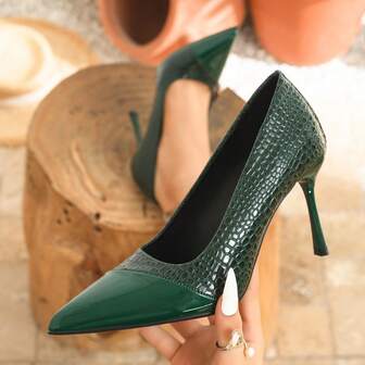 Tacones de aguja elegantes para mujer, de moda con punta afilada, versátiles y ligeros, de tacón alto de patchwork verde, zapatos de tacón alto brillantes y sexy