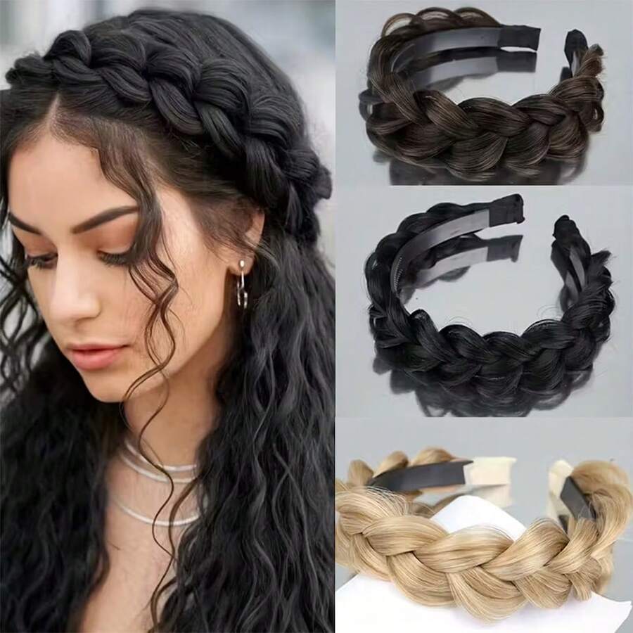 16 Inch Braided Headband, Fashionable Black & Brown Twist Design, Easy To Wear, Versatile Women's Accessory, Stylish Headband, Braided Headband, Non-Woven Fabric Material - Multicolor - View 1