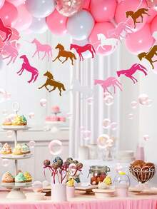 2条粉色闪光马主题横幅 - 马花环横幅，马主题生日派对装饰，赛马横幅，纸质花环，农场主题装饰，适用于生日、婚礼派对，预组装悬挂装饰，结婚纪念日，订婚/求婚派对用品，浪漫派对装饰