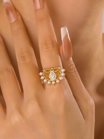 1pc Vintage Middle Eastern Zirconia Crescent Moon & Star Crystal Faux Pearl Adjustable Ring, Fashionable For Daily Wear, Party, Wedding, Valentine's Day Gift For Women
