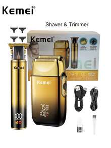 Kemei 电动理发器和剃须刀套装，时尚男士箔式剃须刀，理发师修容套装，光头剃刀/推剪 USB 充电式剃须机 KM-TX10，圣诞节和新年男士礼物 - 金色 - 查看 2