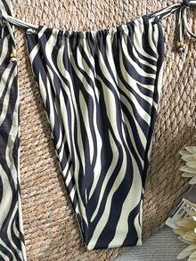 大码挂脖比基尼套装，斑马纹半身裙，优雅中等弹力泳衣，适合度假海滩夏季穿着 - 彩色 - 查看 11