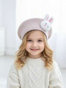 1 pieza Boina de conejo para niñas, boina de invierno cálida, boina de conejo tejida linda, de vuelta a la temporada escolar, otoño/invierno, sombrero decorativo para niñas, boina de pintor - 1PC - Ver 2