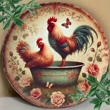 1 pezzo Cartello rotondo in metallo con gallo e gallina in stile rustico, decorazione murale classica, decorazione in ferro per bagno, casa, caffè, appartamento, ristorante, corridoio, regalo per le feste - Multicolore - Visualizzare 4