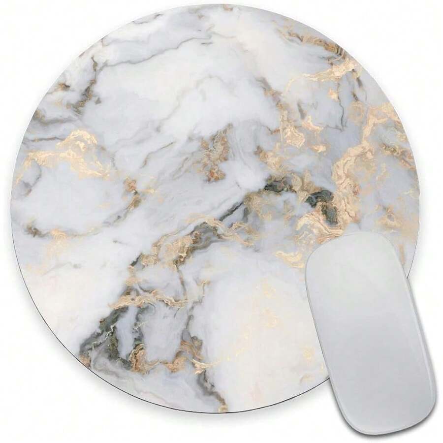 Pad, White Gold Marble Premium-Textured Round Pad, Washable Pads With Lycra Cloth, Non-Slip Rubber Base Computer Pads For Wireless ,08WhiteGoldMarble - 08白金大理石 - 查看 1