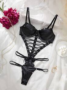 European And American New PU Splicing Hot Selling Sexy Cross-Bodysuit - màu đen - Xem 3