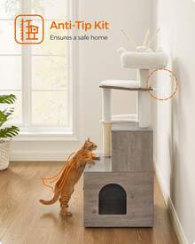 2-In-1 Modern Cat Tower, Cat Condo With Scratching Posts, Removable Pompom Sticks, Washable Cushions, Greige - Light Grey - View 7