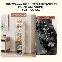 Vertical Narrow Tall Shoe Rack For Narrow Space,6/7/8 Tiers Stackable Metal Shoe Rack Cabinet Organizer For Closet Entryway, Hallway, Bedroom, Cloakroom, Stairwell, Available In Black Or White - 黑色 - 查看 5