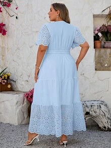 Voworia Plus Size Women's Summer New Solid V-Neck Embroidered Hollow-Out Elegant Dress - Baby Blue - View 3