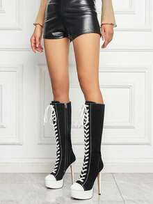 Black And White Color Blocked Waterproof Platform, High Heels, Side Zipper, Lace Up Fashion Boots - 黑色 - 查看 8