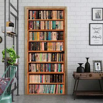 1개 3D 도어 스티커, 탈착식 방수 도어 벽지, 자가 접착 PVC 벽 데칼, 가정 사무실 장식 책장 패턴에 적용 가능, 크기: 30.3인치 X 78.7인치 높이