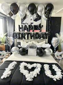 65件/套黑色银色生日快乐气球套装，包含16英寸黑色生日气球、银色心形气球和银色金属气球，适用于生日派对、成人派对、拍照背景、周年纪念、婴儿派对、家居装饰。 - 彩色 - 查看 7