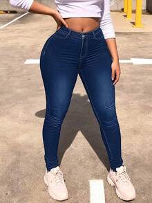 Women Elastic High Stretch Mid Rise Jeans, Slim Fit Form-Fitting Denim Pants For Daily Wear & Night Out - Dark Wash - View 2