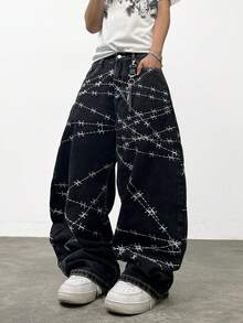 1件 Hearty Haven 男士美式高街刺绣阔腿牛仔裤，水洗做旧，休闲时尚宽松街头风百搭四季牛仔裤（不含腰带或配饰） - 黑色 - 查看 10