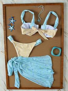 Bộ bikini ba mảnh kẻ caro xanh vàng tươi tắn dành cho nữ, phong cách cá tính, gợi cảm cho kỳ nghỉ biển, mùa hè xuân 2026. - Nhiều màu - Xem 2