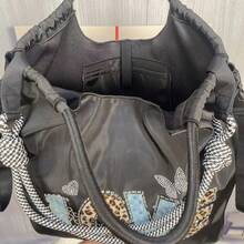 Rhinestone Embellished Nylon Tote Bag, Large Capacity Shoulder Handbag For Women, Commuting - Black - View 3