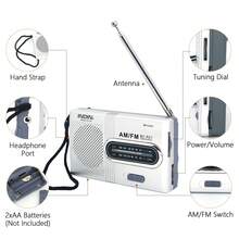 Portable AM FM Radio - Mini Radio With Telescopic Antenna & Headphone Jack, Stereo Speakers Receiver Music Player - Silver - View 11