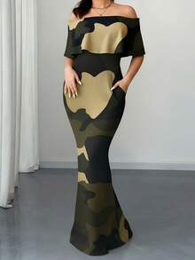 Đầm bodycon hở vai họa tiết rằn ri thời trang và thanh lịch cỡ lớn 1 chiếc có viền xếp nếp và túi - màu xanh lá - Xem 5