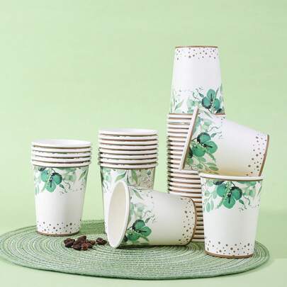 10/20/40/60 pezzi, Bicchieri di carta da 9 once con foglie verdi, Bicchieri di carta per feste con foglie verde salvia, Bicchieri di carta per docce nuziali con foglie verdi, Decorazioni per docce di bambini con eucalipto e decorazioni per compleanni verde salvia, Bicchieri di carta monouso per eventi e feste