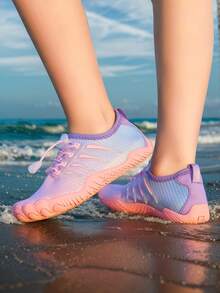 Kids Summer New Aqua Shoes, Striped Print, Breathable Mesh, Low-Top Hook And Loop, Quick-Dry Barefoot, Girls Beach/Swimming Shoes, Rubber Non-Slip Sole, Outdoor Cycling, Indoor Fitness Yoga Running Jumping Multifunctional Training Shoes - Pink - View 7