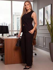 Conjunto Feminino Colete Sem Manga com Botões em Linho Misto  Elegante e Calça Sem Cos Cintura Alta Linho Misto REF: Virginia