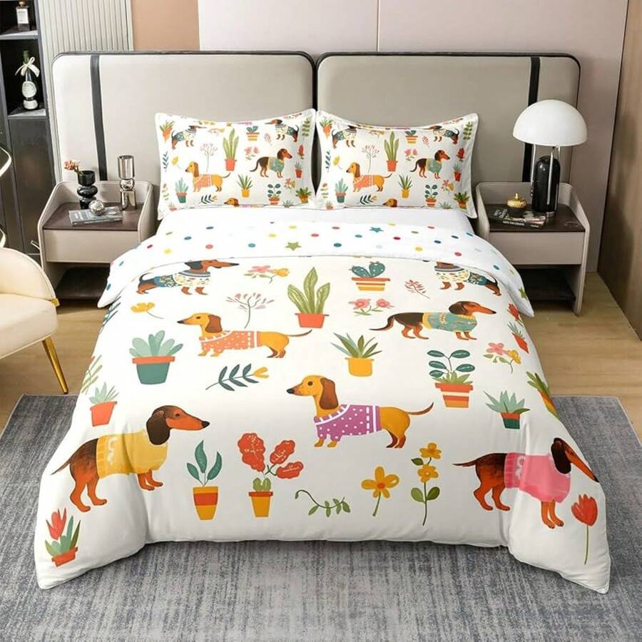 % Cotton Pink Dachshund Comforter Cover, Flower Floral Bedding Set, Kawaii Sausage Dog Duvet Cover, Lovely Puppy Quilt Cover, Soft Comfy, Dachshund Bedding - 淺褐色的 - 查看 1