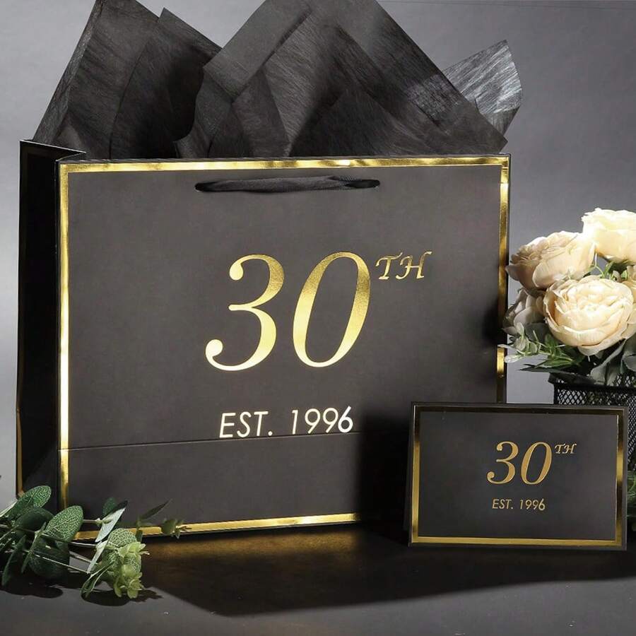 1set/2sets/5sets, 30th Birthday Gift Bags & Cards, Thin Paper, Unisex, 1996/30th Anniversary Elegant Black & Gold Party Gift Packaging Paper Bags (Black/Pink) - Multicolor 30 Years Old - View 1