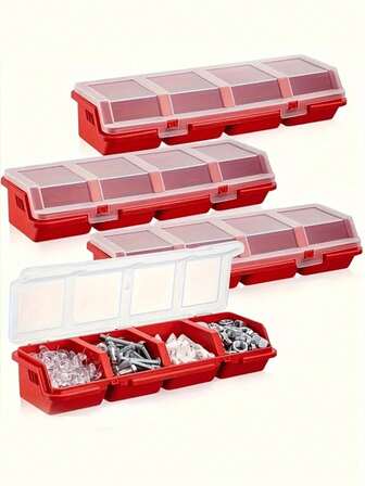 1 st. förvaringslåda för klassificerade skruvdelar, litet plastlock till sorteringsränna, stapelbar sorteringslåda, med 4 fack, förvaring av smådelar, bärbar hårdvara och skruvsorteringslåda, lämplig för elektroniska produkter, muttrar, självgängande skruvar, borrar, tätningslådor.
