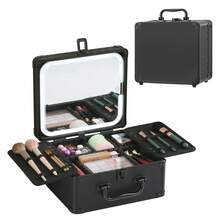 Makeup Bag With LED Mirror, Travel Makeup Train Case With Rechargeable Lighted Mirror & Adjustable Dividers, Portable Cosmetic Organizer Box With Makeup Brush Holder, Gifts For Women - 黑色 - 查看 2
