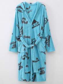 1件女士/学生双色提花珊瑚绒柔软吸水保暖休闲家居服可爱连帽浴袍、家居服、睡衣、长袍、礼物 - 彩色 - 查看 16