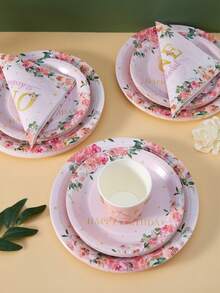 100/25/10pcs Pink Floral Happy Birthday Disposable Plates, Napkins, Cups, Suitable For 1st Birthday Floral Theme Party Supplies, Serves 25 Guests, Disposable Paper Plates Party Tableware For Birthday, Wedding, Party, Family Picnic - Multicolor - View 4