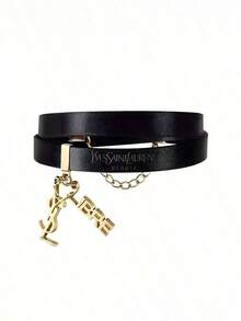 Yves Saint Laurent 1pc Women's Fashion Double-Layer Black Leather Bracelet With Letter Pendant Decor, Romantic Jewelry For Valentine's Day - Black - View 12