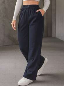 A&DD MODA, REF: ADD8949 - Women's Casual Straight-Cut Sweatpants With Elastic Waistband And Decorative Buttons At The Waist. Slightly Stretchy, With Pockets, Ideal For Outings And Everyday Wear. - 藏蓝色 - 查看 6