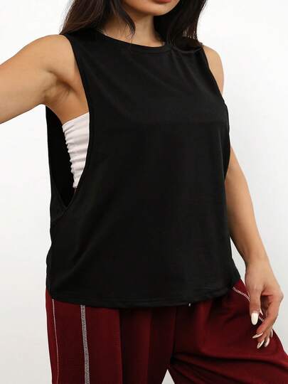 1pc Plus Size Women Sleeveless Hollow Out Loose Fit Round Neck Tank Top, Versatile Casual Wear, Suitable For Outdoor Activities, Indoor Yoga & Fitness, Comfortable And Flattering Black Summer