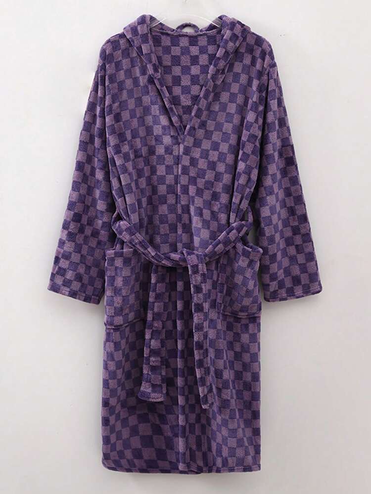 1pc Women/Student Solid & Dual-Tone Printed Soft Coral Fleece Warm Casual Homewear Cute Hooded Bathrobe, Loungewear, Sleepwear, Robe, Gift - Multicolor - View 17