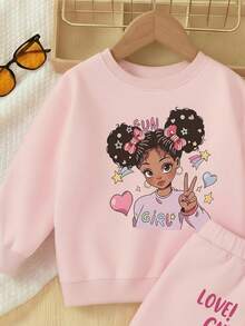 两件套女童长袖印花卫衣和运动裤套装，时尚可爱卡通图案，秋冬季 - 粉色 - 查看 2