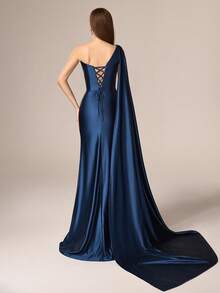 VIPGIRL 优雅奢华女士不对称领口无袖连衣裙，胸部饰有褶裥细节，高开衩设计，采用弹力针织面料制成。 - 寶藍色 - 查看 3