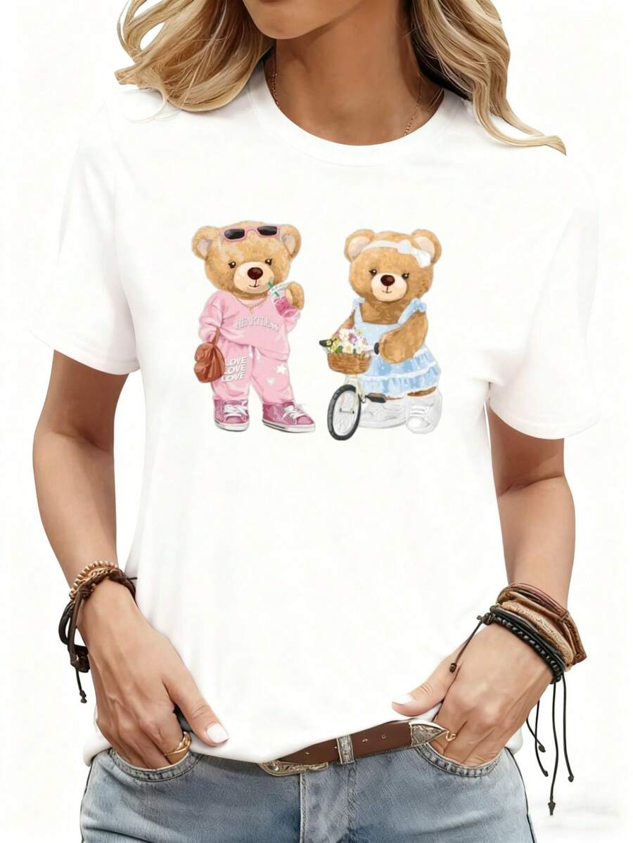 Cute Bear Couple Graphic T Shirt Women Fashion Casual Short Sleeve Top Black - 白色 - 查看 1