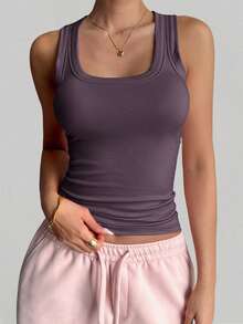 GAOVOT 女士Y2K性感基础款休闲运动家居服方领上衣 - 灰紫色 - 查看 6