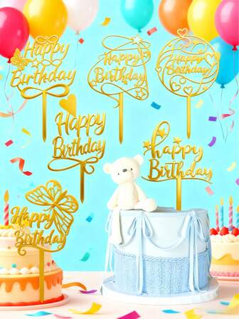 1ชิ้น ทอง "Happy Birthday" เค้ก Topper, อะคริลิค ตกแต่งเค้ก, กลิตเตอร์สองด้าน เค้กวันเกิด Topper, เหมาะสำหรับ เด็กหรือผู้ใหญ่