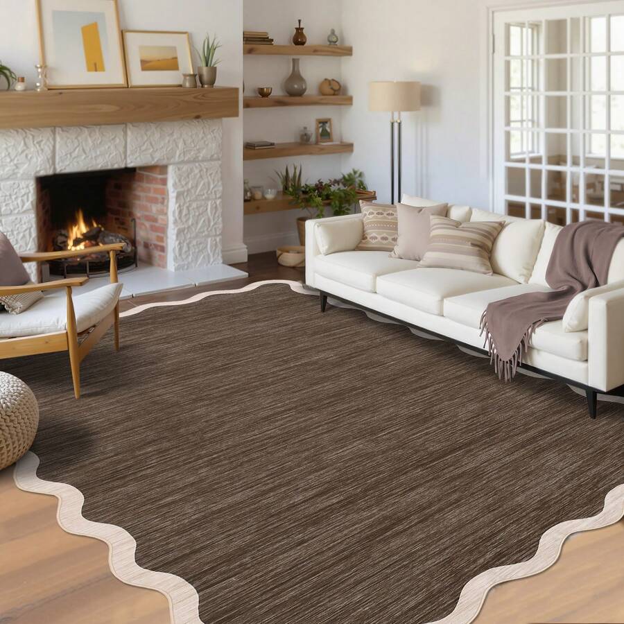 1Pcs Room Decor Modern Washable Scalloped Border Solid Area Rug For Living Room Indoor Bedroom Foldable Floor Mats, Soft Low Pile Non Shedding Carpets For Offices Non-Slip Runner For Hallway Dorm - màu nâu - Xem 1