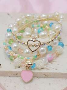 5 件装珍珠和水晶串珠手链，时尚多层腕带套装，适合女士